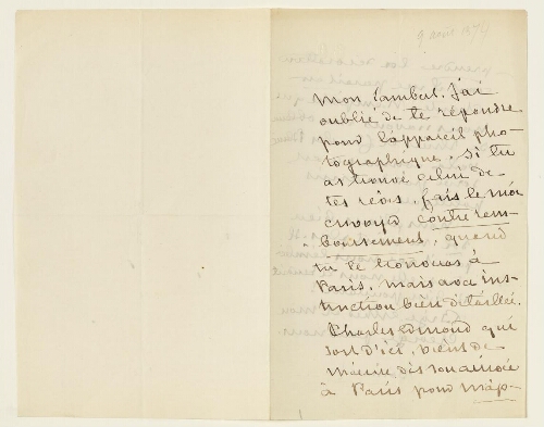 Lettre du 9 août 1874 de George Sand à Eugène Lambert
