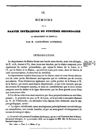 Mémoire sur la partie inférieure du système secondaire du département du Rhône
