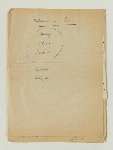 Shakespeare en France (Kipling, Voltaire, Prevost) : brouillons manuscrits.