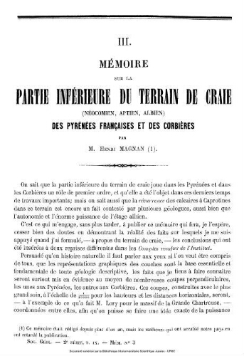 Mémoire sur la partie inférieure du terrain de craie (Néocomien, Aptien, Albien) des Pyrénées françaises et des Corbières