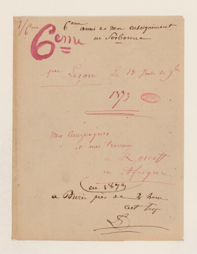 1ère leçon, 6ème année d'enseignement en Sorbonne, 13 novembre 1873 - Mes campagnes à Roscoff et en Afrique.