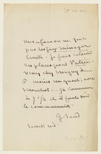 Lettre du 1er mai 1869 de George Sand à Esther et Eugène Lambert