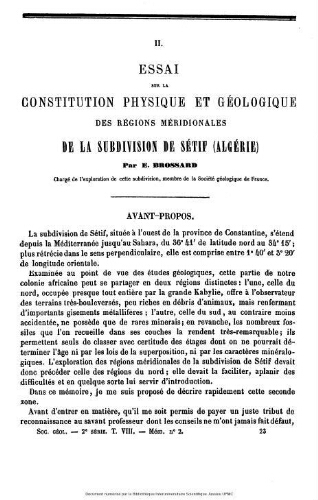 Essai sur la constitution physique et géologique des régions méridionales de la subdivision de Sétif (Algérie)