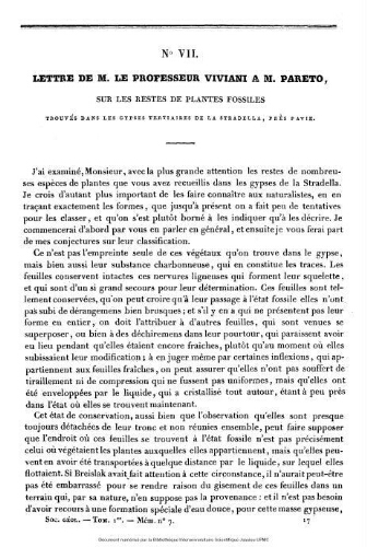 Lettre de M. le Professeur Viviani à M. Pareto : sur les restes de plantes fossiles trouvés dans les gypses tertiaires de la Stradella, près Pavie