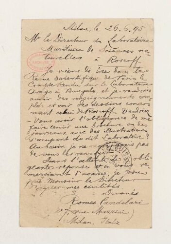 Correspondance de Romeo Candelari et Henri de Lacaze-Duthiers