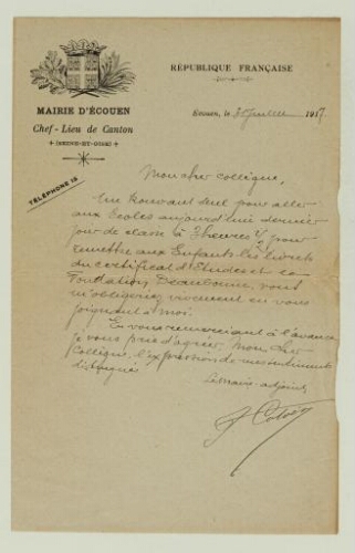 Correspondance reçue par Paul Hazard en 1917.