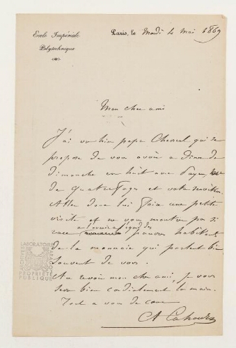 Correspondance d'A. Cahours et Henri de Lacaze-Duthiers