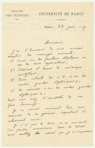 Correspondance de Gaston Floquet à Robert de Montessus de Ballore