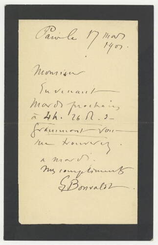 Correspondance de S. Bonvalot à Robert de Montessus de Ballore