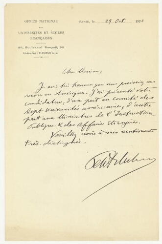 Correspondance de l'Office national des universités et écoles françaises à Robert de Montessus de Ballore