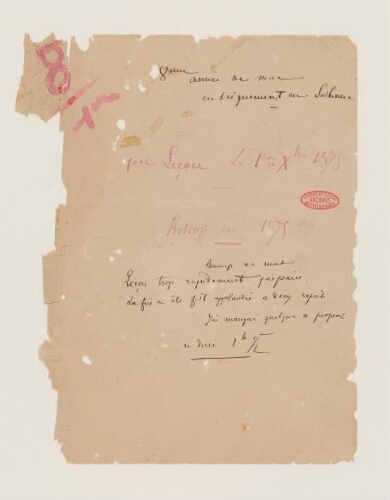 1ère leçon, 8ème année d'enseignement en Sorbonne, 1 décembre 1875 - Compte-rendu des activités menées à Roscoff.