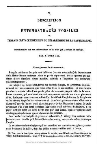 Description des Entomostracés fossiles du terrain crétacé inférieur du département de la Haute-Marne : suivi d'indications sur les profondeurs de la mer qui a déposé ce terrain