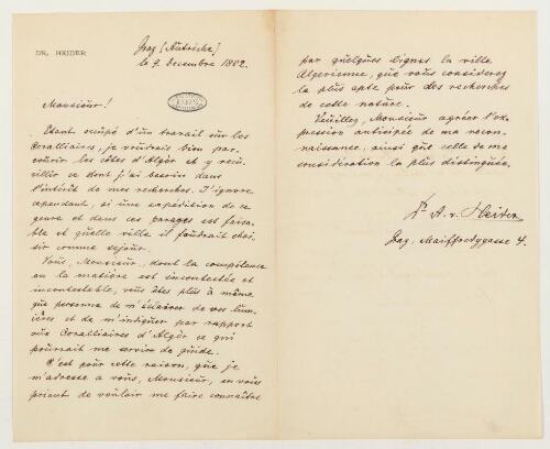 Correspondance d'A. Heider et Henri de Lacaze-Duthiers