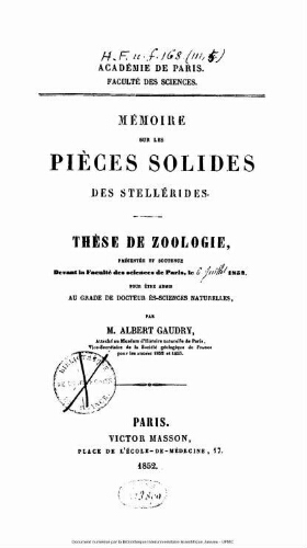 Mémoire sur les pièces solides des Stellérides : Zoologie