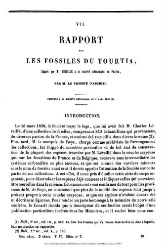 Rapport sur les fossiles du Tourtia : légués par M. Léveillé à la Société géologique de France