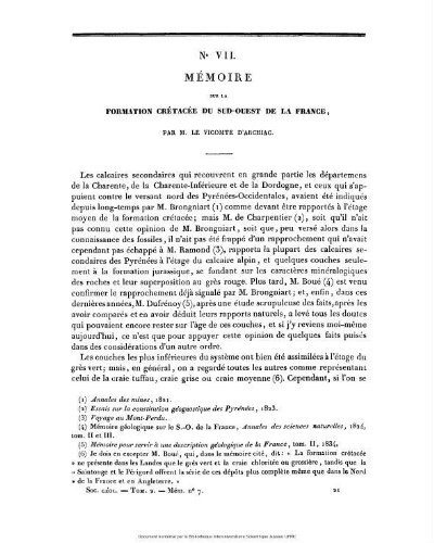 Mémoire sur la formation crétacée du Sud-ouest de la France