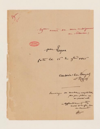 1ère leçon, 19ème année d'enseignement en Sorbonne, 16 novembre 1886 - Compte-rendu des activités menées à Roscoff et Banyuls.