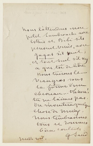 Lettre du 23 janvier 1876 de George Sand à Eugène Lambert