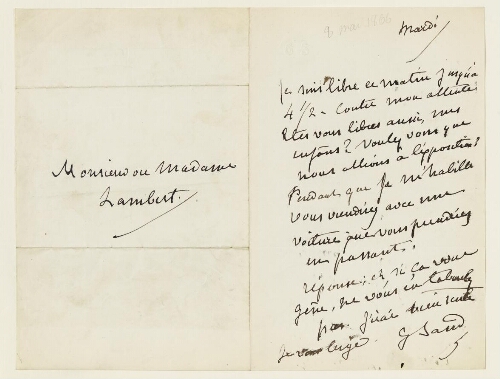 Lettre d'avril 1866 de George Sand à Eugène et Esther Lambert