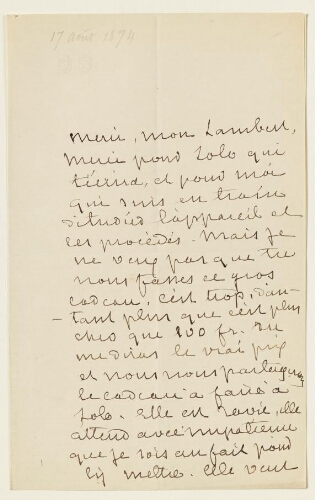 Lettre du 17 août 1874 de George Sand à Eugène Lambert