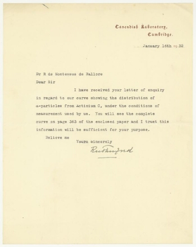 Correspondance d'Ernest Rutherford à Robert de Montessus de Ballore