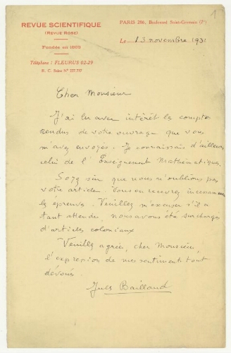 Correspondance de Jules Baillaud à Robert de Montessus de Ballore