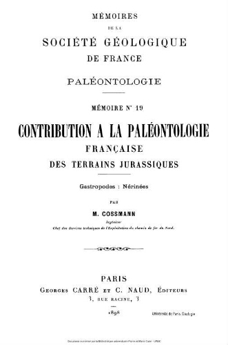 Contribution à la paléontologie française des terrains jurassiques : Gastropodes : nérinées