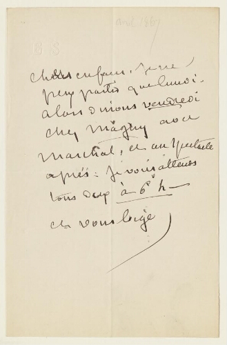 Lettre d'avril 1867 de George Sand à Eugène et Esther Lambert