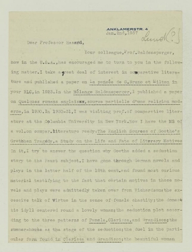 Correspondance adressée à la Revue de littérature comparée 1937