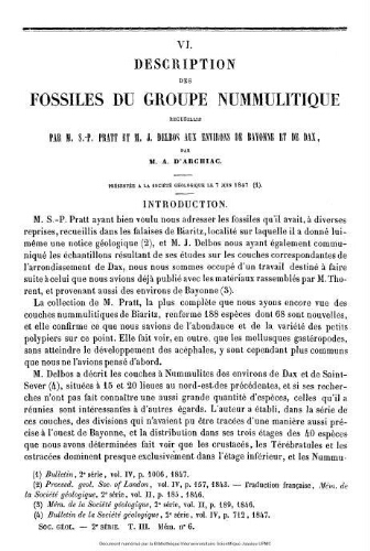 Descriptions des fossiles du groupe nummulitique recueillis par M.S. - P. Pratt et M.J. Delbos aux environs de Bayonne et de Dax