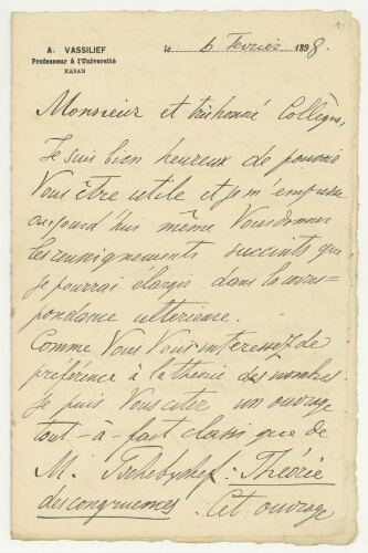 Correspondance d'Alexandre Vassilievič Vassilieff à Robert de Montessus de Ballore