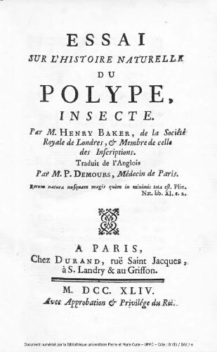 Essai sur l'histoire naturelle du polype, insecte