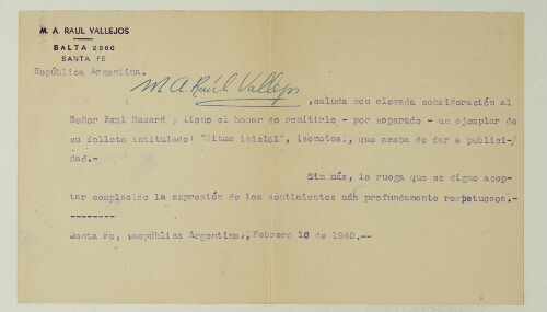 Correspondance reçue par Paul Hazard en 1940