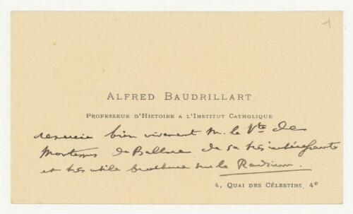 Correspondance d'Alfred Baudrillart à Robert de Montessus de Ballore