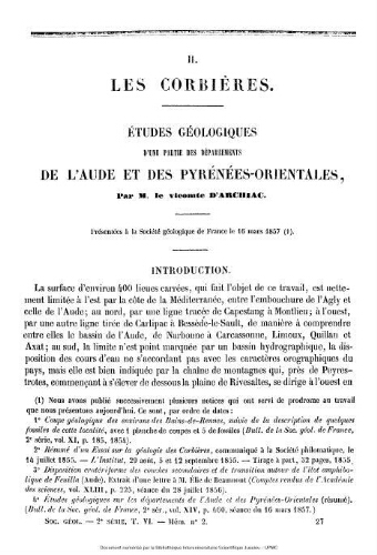 Les Corbières : Etudes géologiques d'une partie des départements de l'Aude et des Pyrénées-orientales ...
