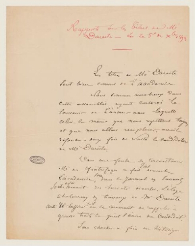 Académie des sciences, candidature de M. Camille Dareste de La Chavanne, discours de soutien d’Henri Lacaze-Duthiers : manuscrit.