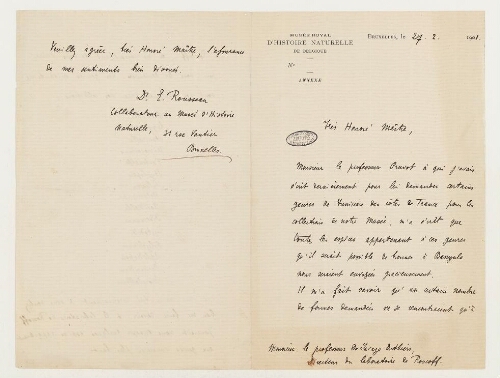 Correspondance de Rousseau Ernest et Henri de Lacaze-Duthiers