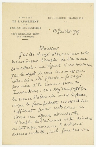 Correspondance d'André du Ministère de l'Armement et des fabrications de guerre Broca à Robert de Montessus de Ballore