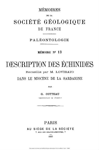 Description des échinides : recueillis par M. Lovisato dans le miocène de la Sardaigne