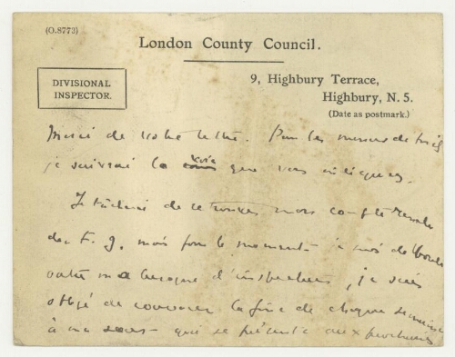 Correspondance du London county council à Robert de Montessus de Ballore