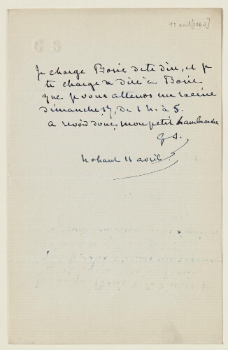 Lettre du 11 avril 1860 de George Sand à Eugène Lambert