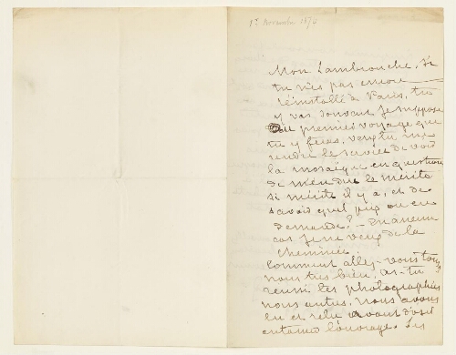 Lettre du 1er novembre 1874 de George Sand à Eugène Lambert