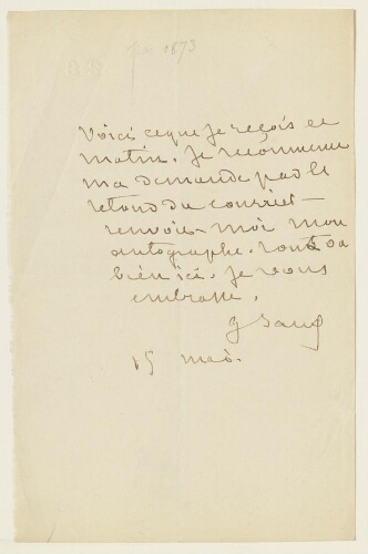 Lettre du 15 mai 1873 de George Sand à Esther et Eugène Lambert