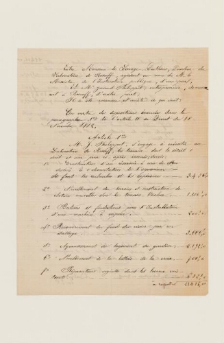 Projet d’agrandissement du laboratoire de Roscoff, contrat suivant l’arrêté du 18 novembre 1882 : projet de marché, copie manuscrite du contrat.