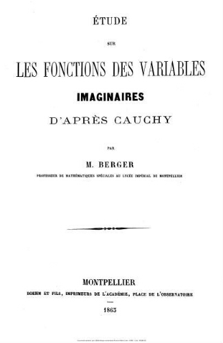Étude sur les fonctions des variables imaginaires d'après Cauchy