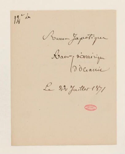 12ème leçon, 4ème année d'enseignement en Sorbonne, 22 juillet 1871 - Rameau japhétique, races d’Amérique et d’Océanie.