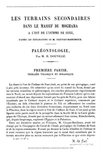 Les terrains secondaires dans le massif du Moghara à l'est de l'isthme de Suez, d'après les explorations de M. Couyat-Barthoux. Paléontologie