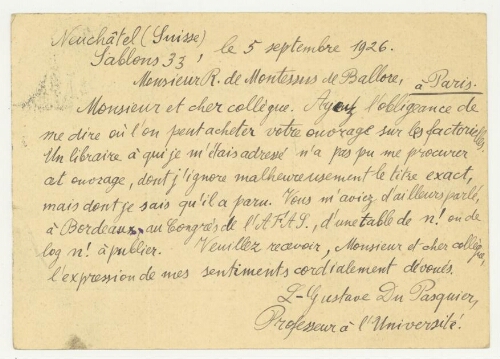 Correspondance de L.-Gustave Du Pasquier à Robert de Montessus de Ballore
