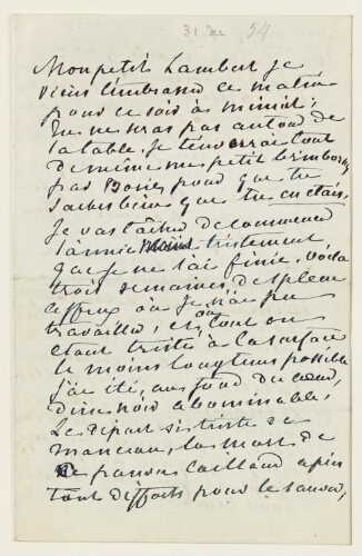 Lettre du 31 décembre 1854 de George Sand à Eugène Lambert