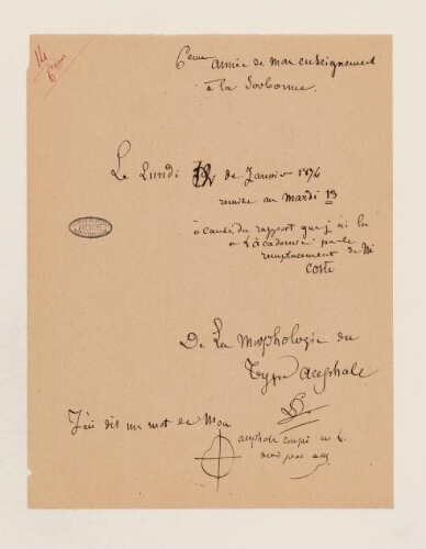 14ème leçon, 6ème années d'enseignement en Sorbonne, 12 janvier 1874 - De la morphologie du type Acéphale.